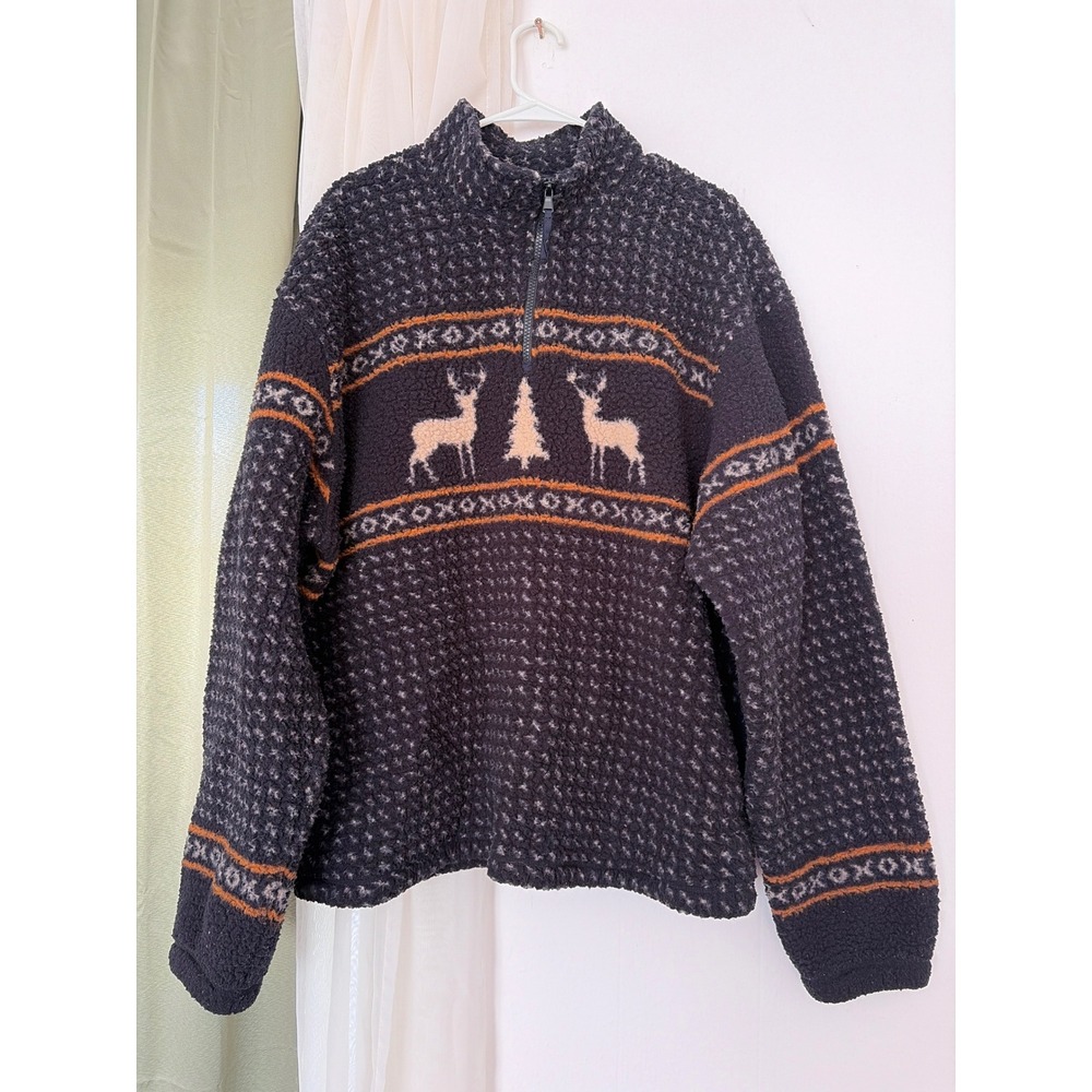 Old Navy Fleece Pullover Mens XL Charcoal Excellent Reindeer Fair Isle 1/4 Zip